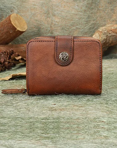 Small Leather Trifold Wallet Vintage Billfold Cute Women Buckle Wallet For Ladies