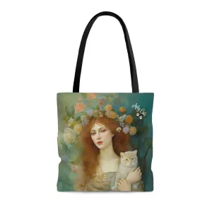 Spring's Fairy Tale, Enchanting Fairy with Her Cat, All Purpose Designer Tote Bag