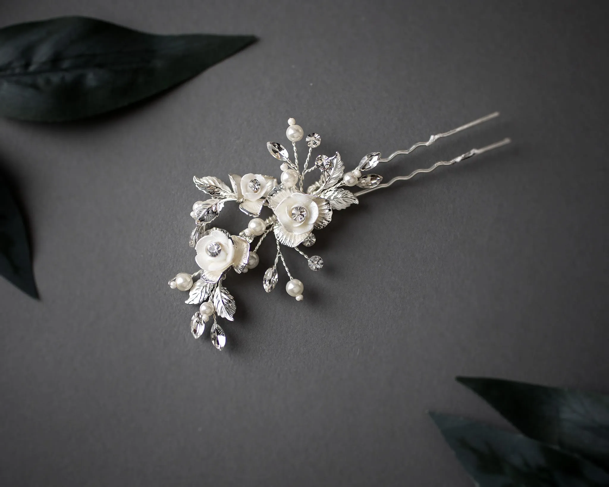 Three Porcelain Flowers Wedding Hair Pin