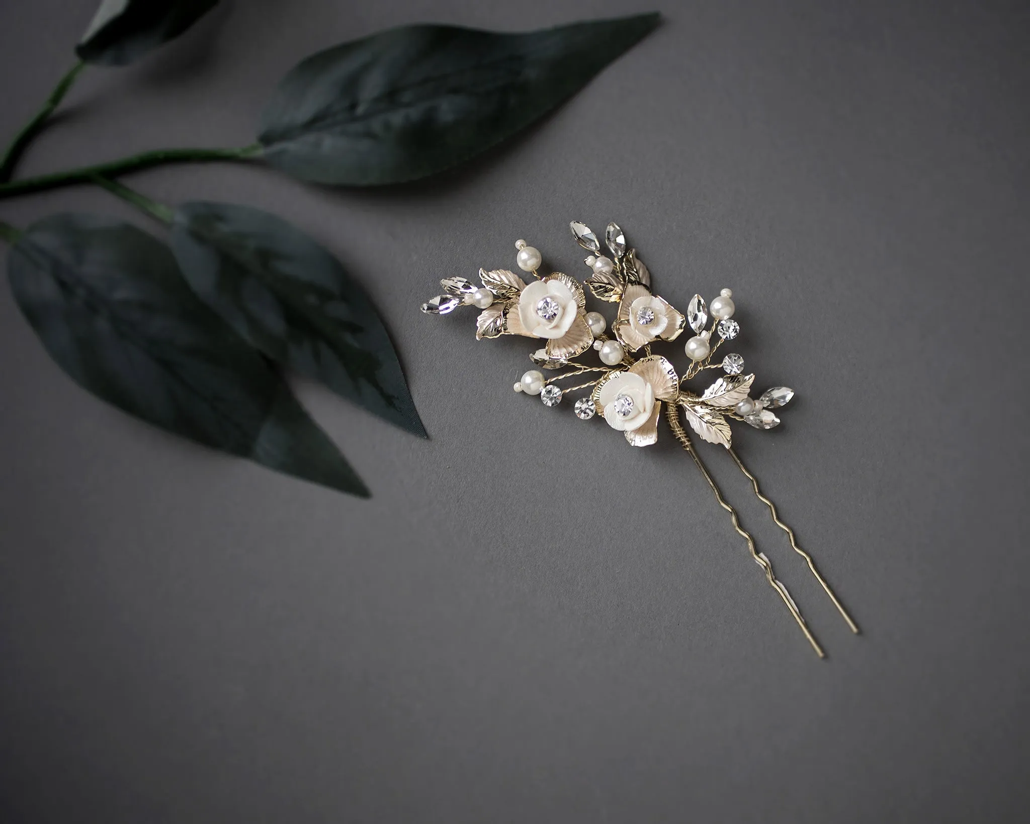 Three Porcelain Flowers Wedding Hair Pin