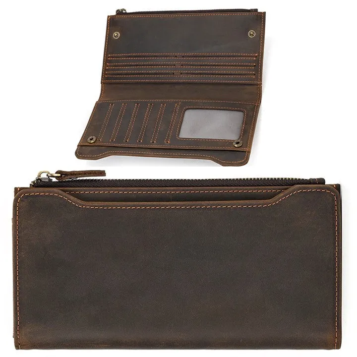 Unisex Genuine Leather Wallet| Long Zipper Slim Wallet| Phone Purse with 12 Cardholders