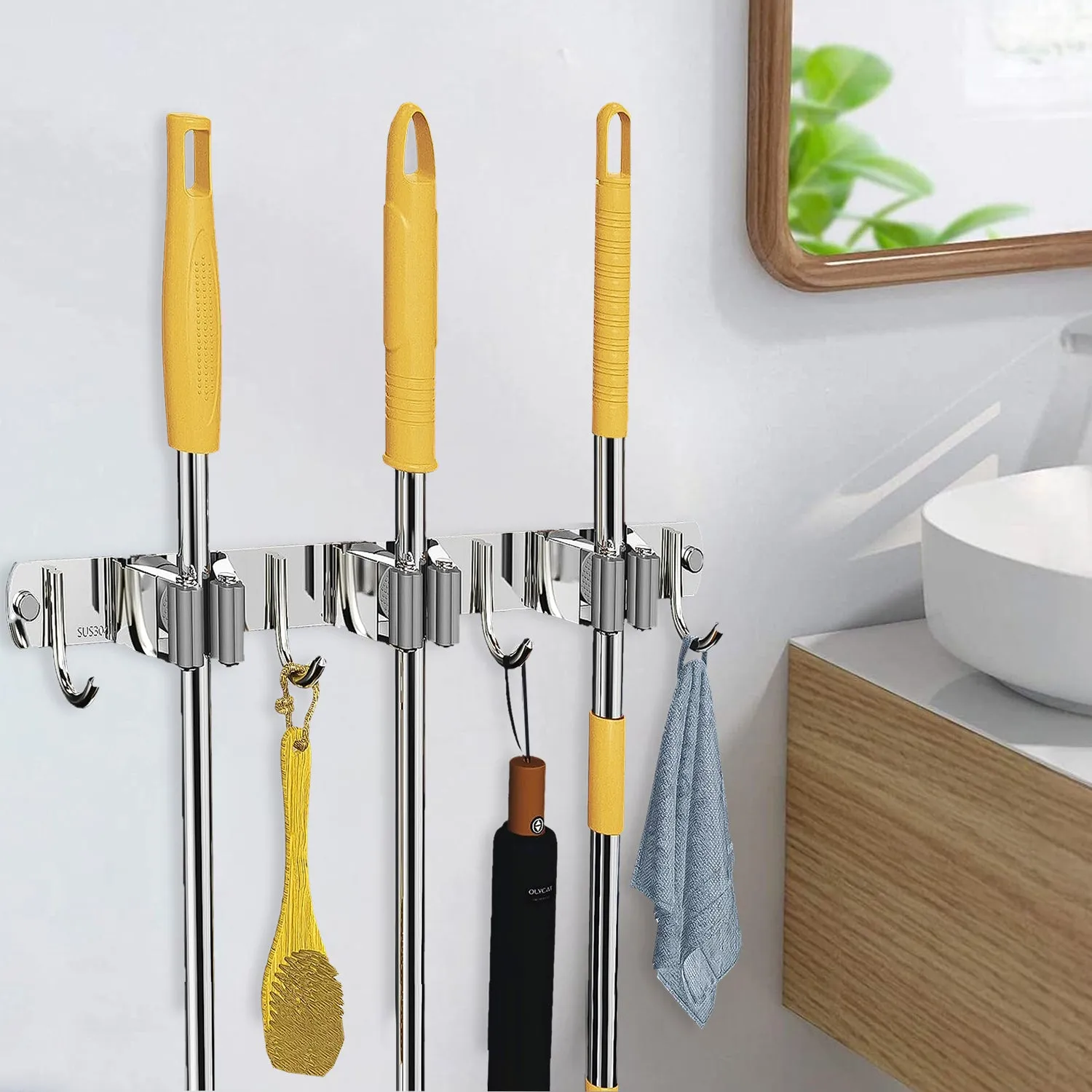 Wall Mounted Stainless Steel Mop and Broom Holder, (3 racks and 4 Hooks) (Silver)