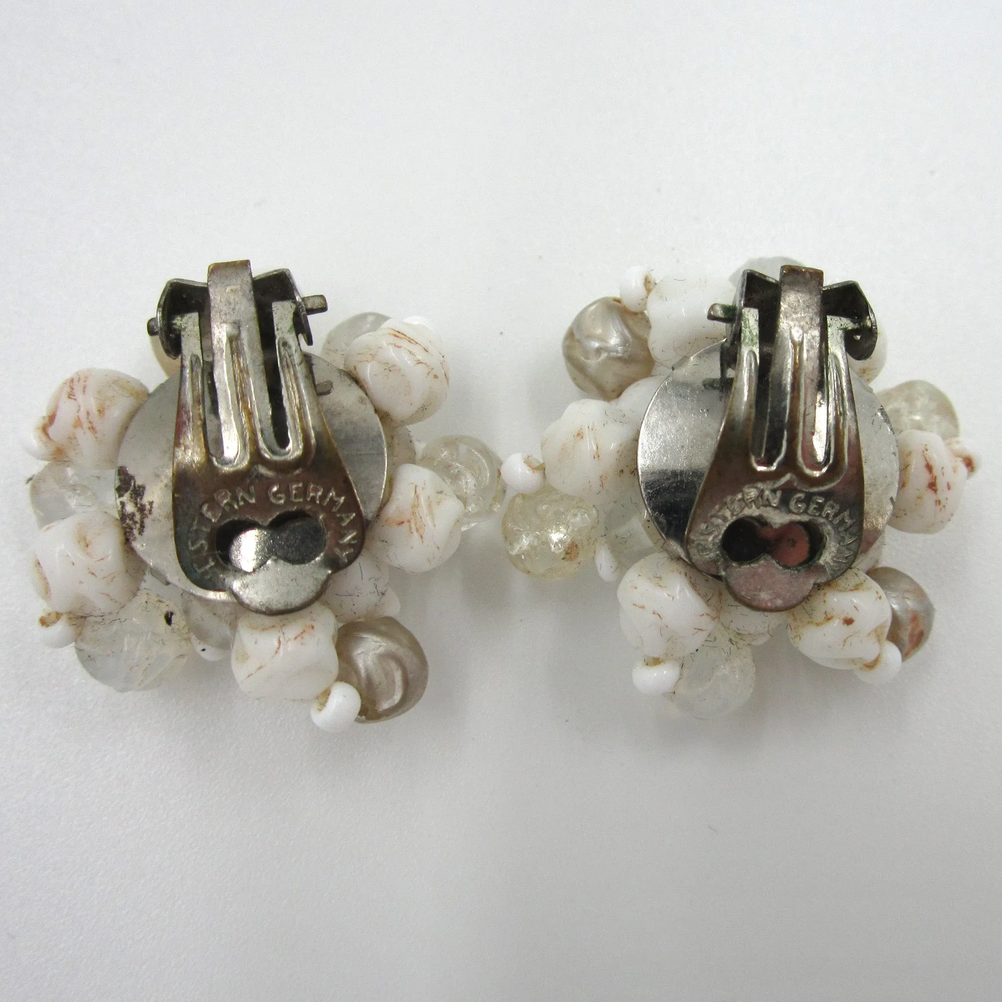 West German White Bead Snowflake Earrings