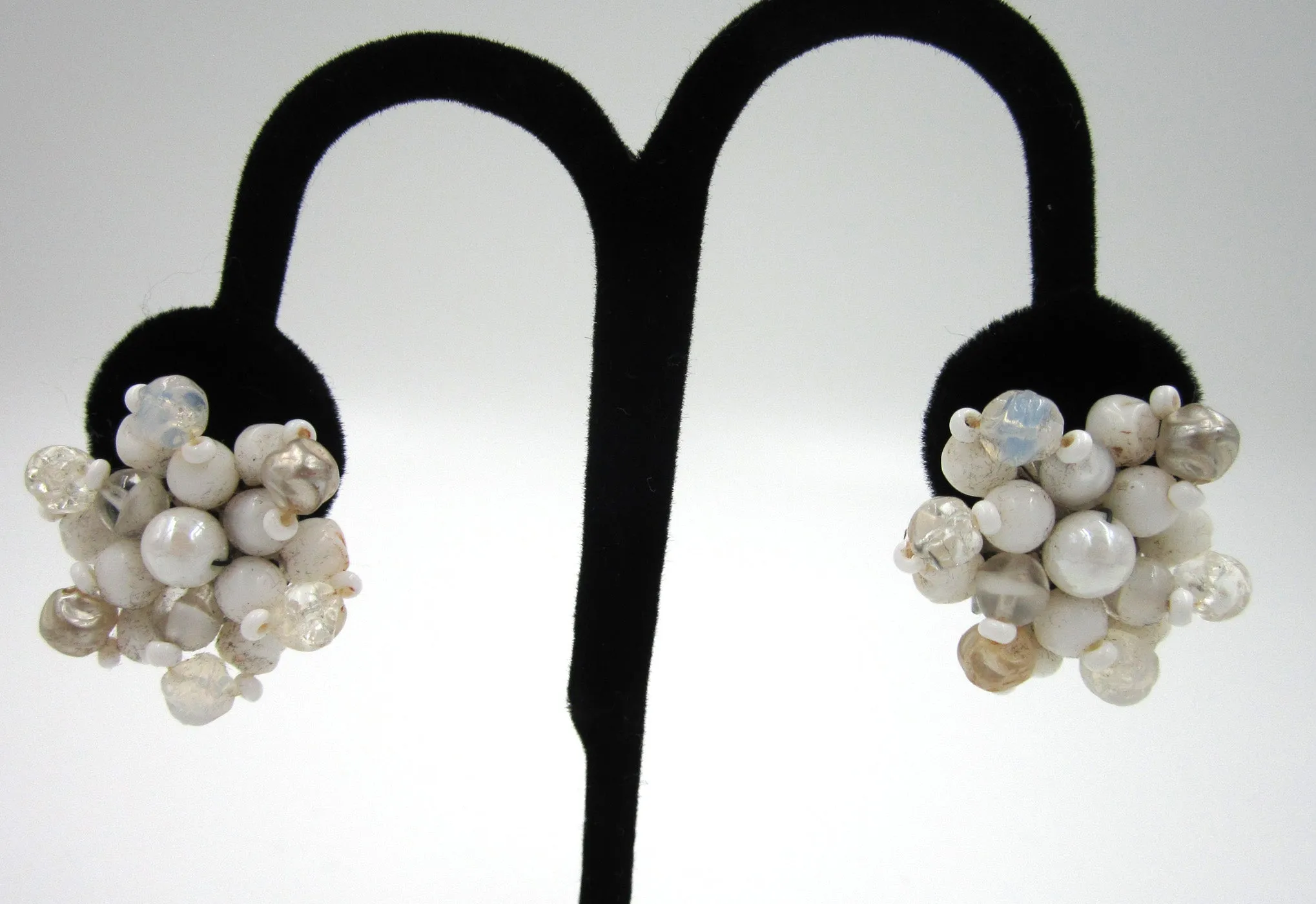 West German White Bead Snowflake Earrings