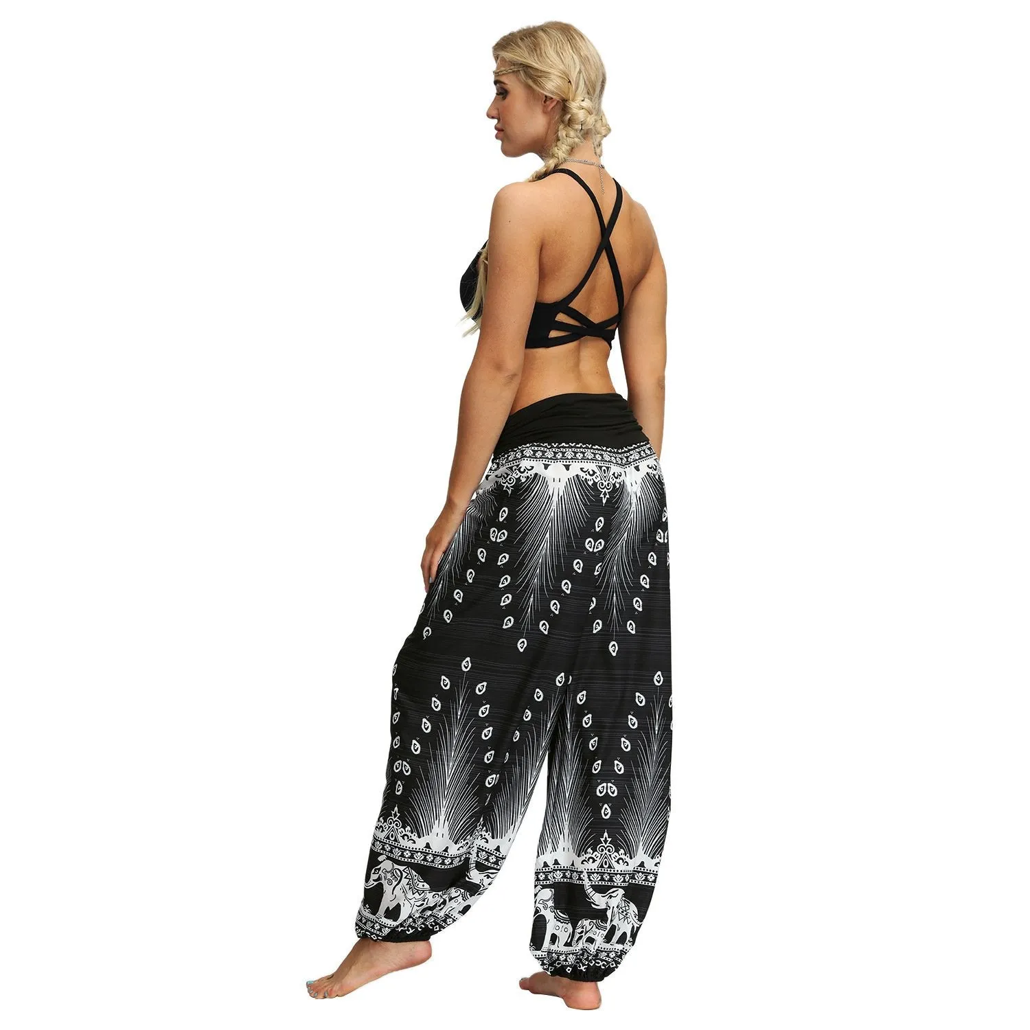 Women Bohemian Digital Printing Feather Fitness Yoga Casual Pants