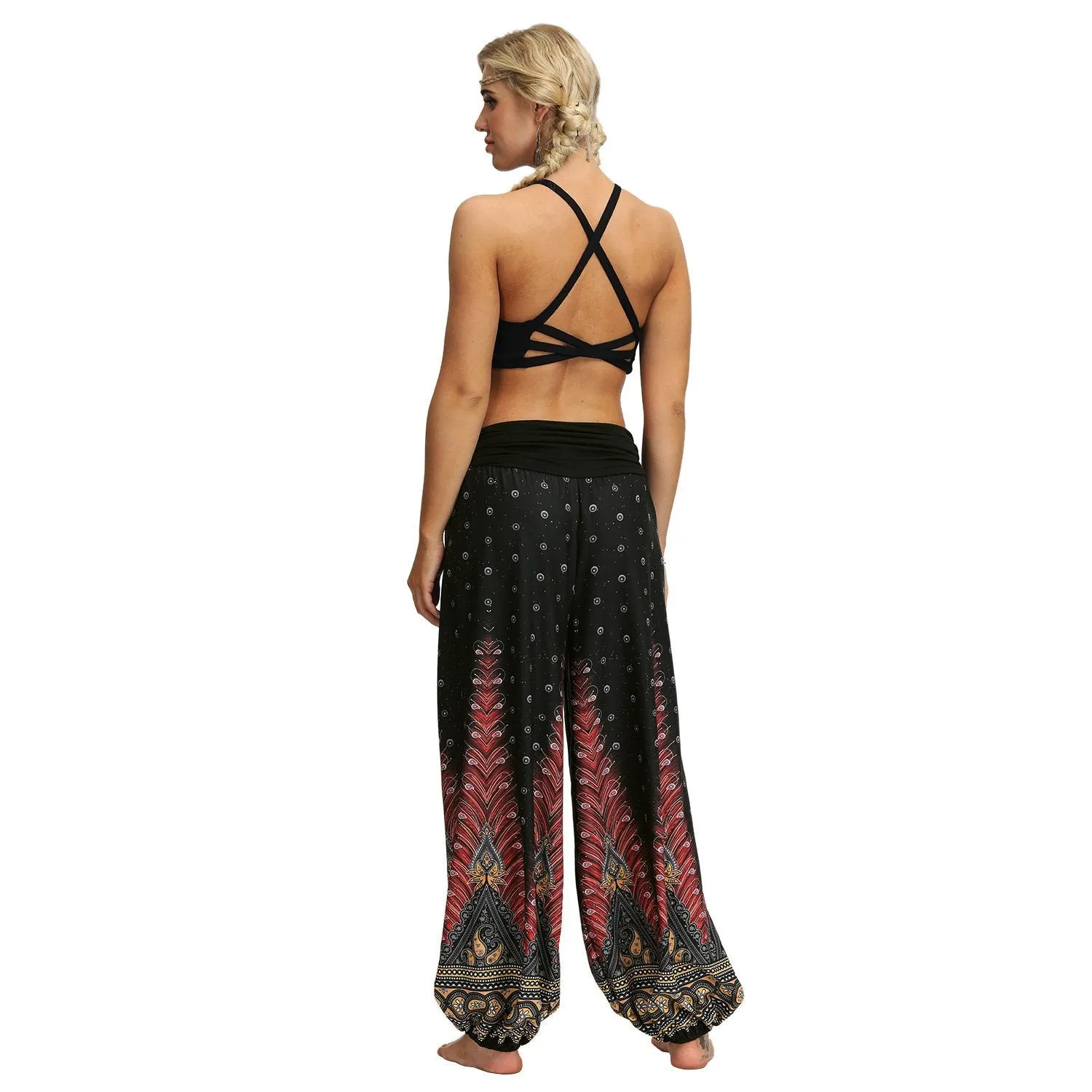 Women Bohemian Digital Printing Feather Fitness Yoga Casual Pants