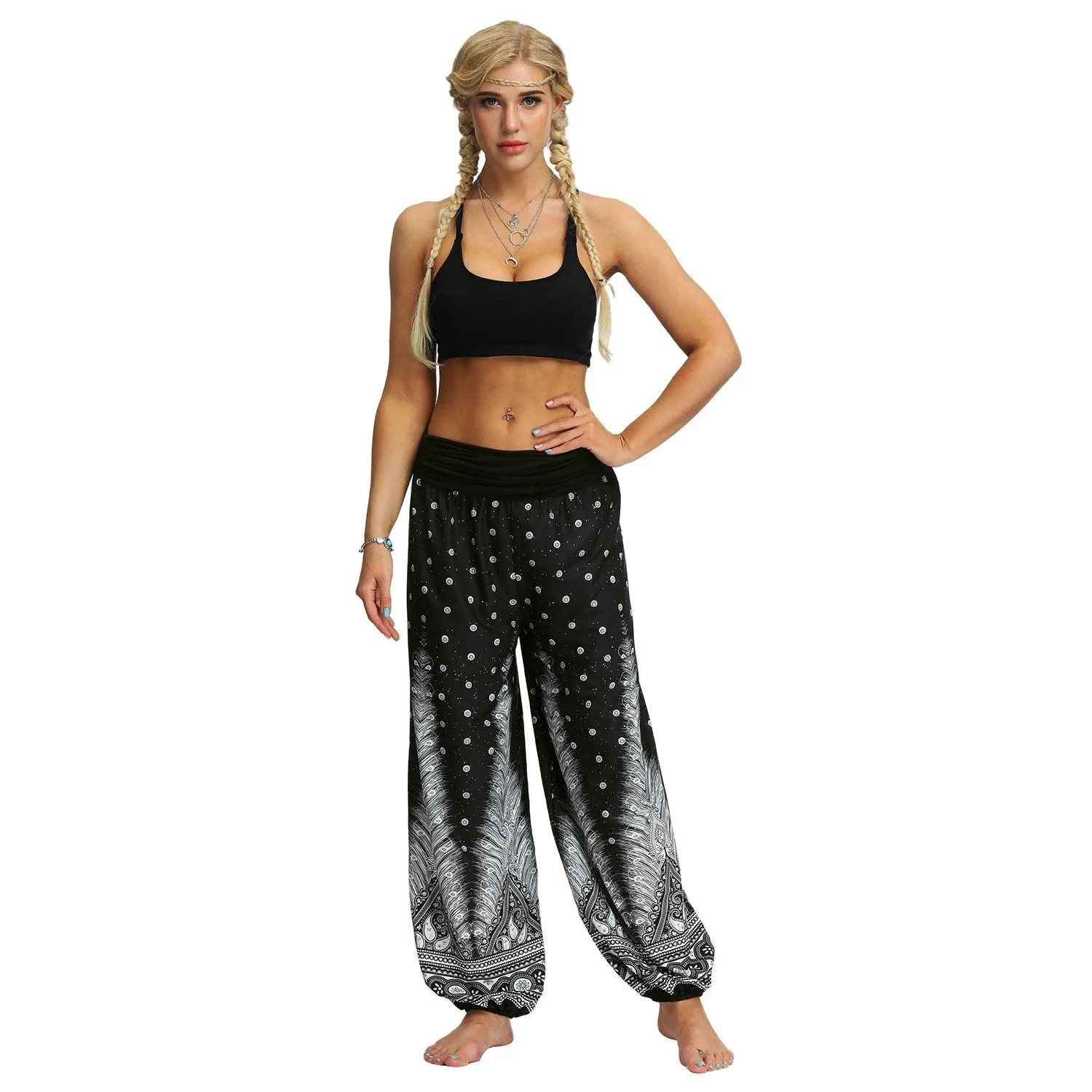 Women Bohemian Digital Printing Feather Fitness Yoga Casual Pants