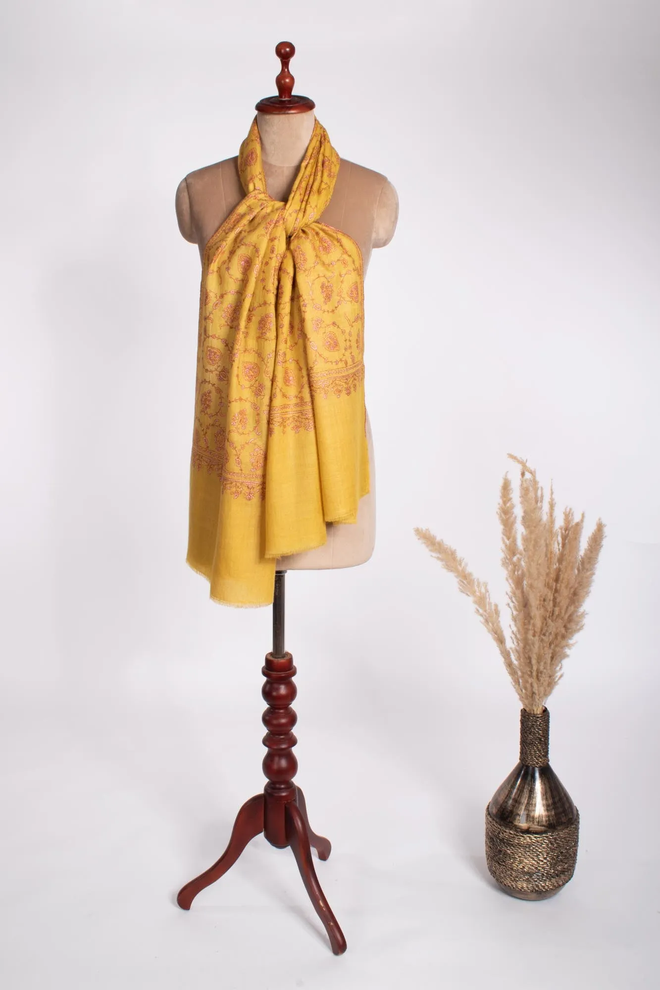 Women's Cashmere Wrap in Golden Yellow with Elegant Embroidery - DAWLISH