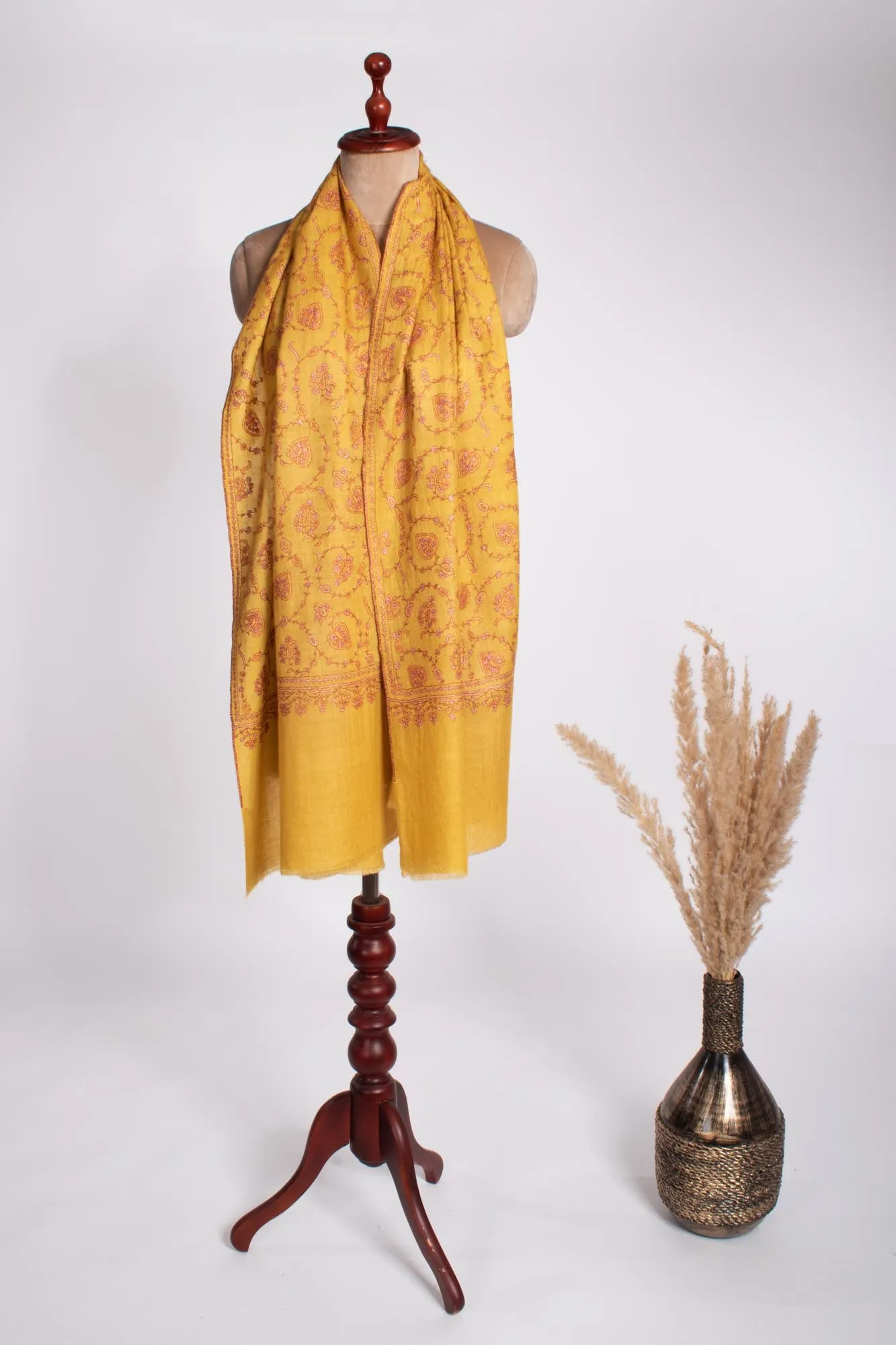 Women's Cashmere Wrap in Golden Yellow with Elegant Embroidery - DAWLISH