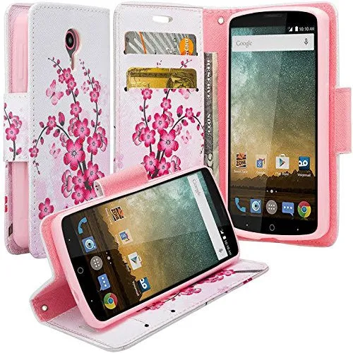 ZTE Prestige Case | ZTE Sonata 3 | ZTE Avid Plus | ZTE Avid Trio Pu Leather Magnetic Flip Fold[Kickstand] Wrist Strap Wallet Case with ID & Card Slots for ZTE Prestige/Sonata3/Avid/Avid Plus - Cherry Blossom