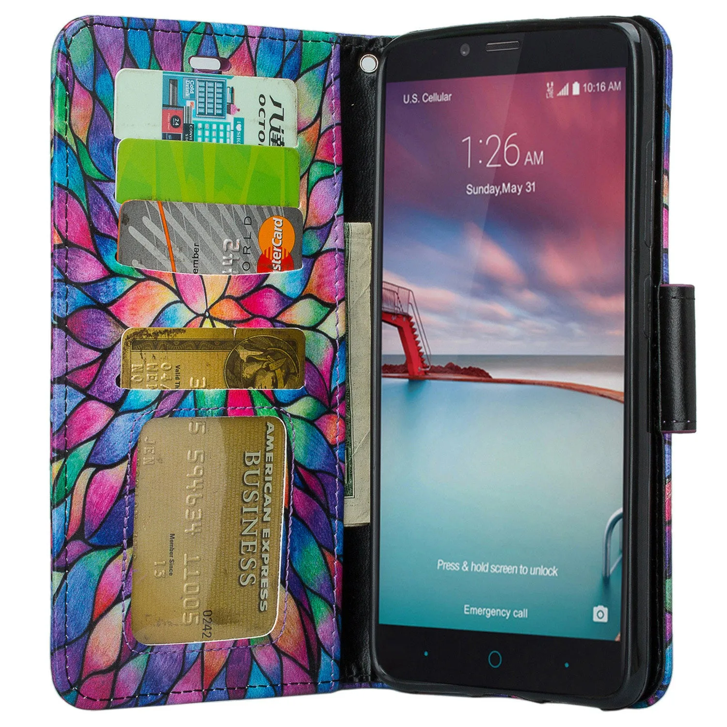 ZTE ZMAX Pro Case | Blade X Max | ZTE Carry | ZTE Grand X Max 2 Case | ZTE Imperial Max Case | Max Duo Wrist Strap Pu Leather Magnetic Fol[Kickstand] Wallet Case[ID & Card Slots] - Rainbow Flower